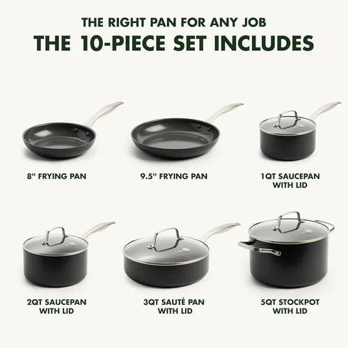 Miniatura 3 de GreenPan Canterbury - Juego de 10 piezas de ollas y sartenes de cerámica anodizada saludable antiadherente sin PFAS, mangos de acero inoxidable