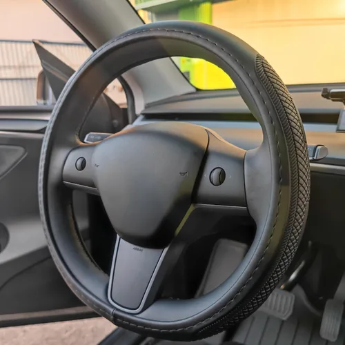 Miniatura 2 de Funda de volante en forma de D para Tesla Model 3 / Y, para Camaro, 14-14.25 pulgadas, funda de cuero negro para volante de automóvil para hombres