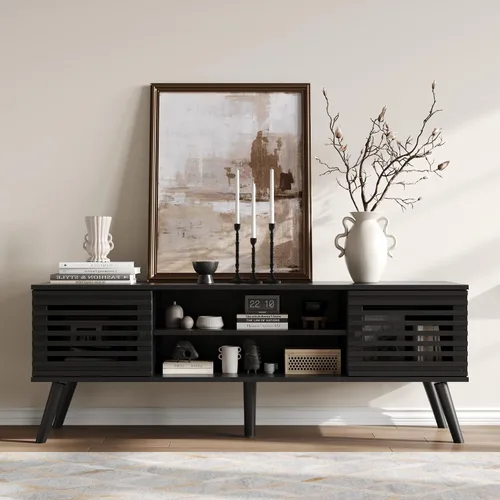 Miniatura 5 de Furnify Soporte de TV moderno de mediados de siglo de 53 pulgadas para TV de 50/55/60 pulgadas, consola multimedia de TV con puertas de listones