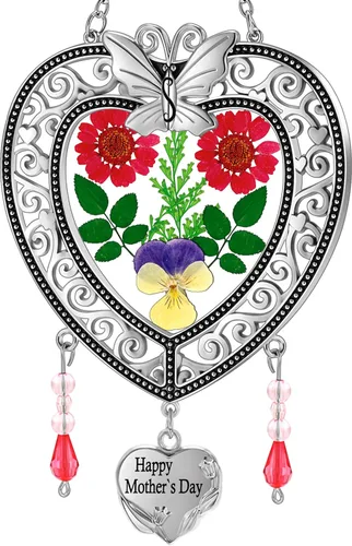 Miniatura 18 de Ky&Bosam - Atrapaluz de cristal, ventana en forma de corazón, con flor prensada, diseño de corazón/ "Mom", regalo para el Día de la Madre, Navidad