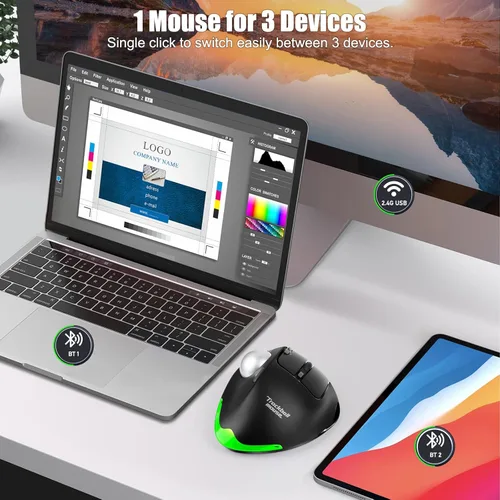 Miniatura 4 de TRELC Ratón Trackball Inalámbrico, Ratón Ergonómico con Bola Rodante con 4800 DPI/7 Botones Programables, Ratón de Control con Pulgar, Ratón Óptico