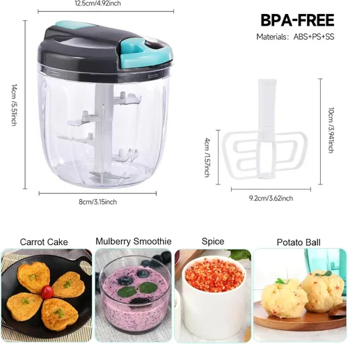Miniatura 9 de Procesador manual de alimentos, picador de verduras, picador de ajo portátil con cuerda de mano, cortador de cebolla para verduras, jengibre, GBazul