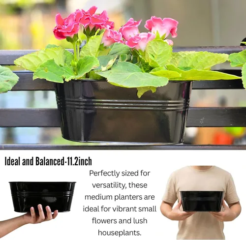 Miniatura 7 de LaLaGreen Maceta de Riel para Plantas de Exterior (11.2 Pulgadas, Paquete de 8) Macetas Colgantes de Hierro Metal Negro Barandillas de Terraza Cubos