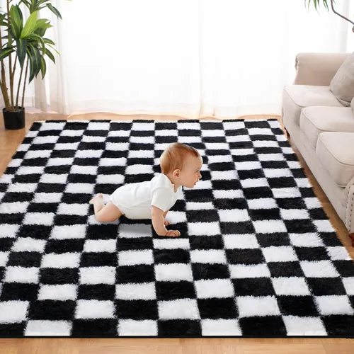 Alfombra de área súper suave en blanco y negro, de 5 x 7 pies, alfombra clásica a cuadros de pelo alto mullida para dormitorio, sala de estar, Negro