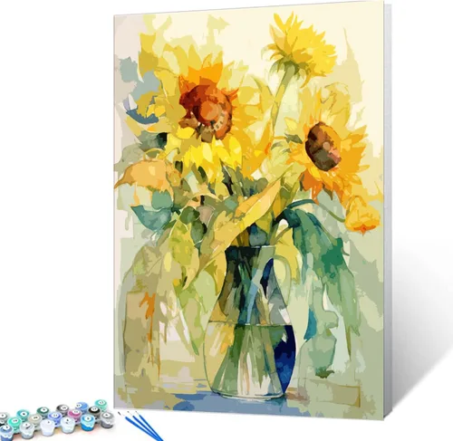 Tucocoo Kits de pintura de girasoles por números con pinceles y pigmento acrílico sobre lienzo para adultos, acuarela abstracta floral para Obras de