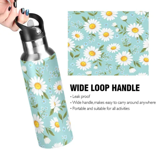 Miniatura 4 de Stainless Steel Water Bottle 20 Oz, BPA-Free Sports Water Bottle with Straw for Gym Outdoor Travel School, Daisies Yellow Blue Flowers