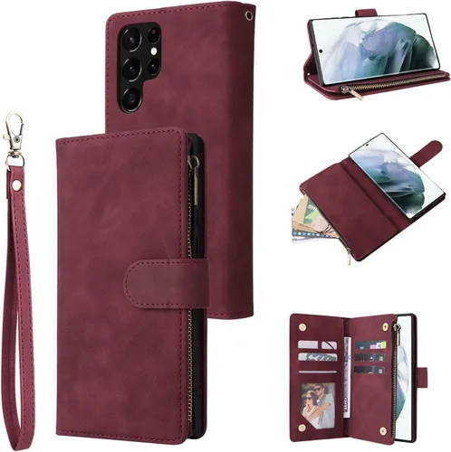 Miniatura 20 de UEEBAI Funda tipo cartera para Samsung Galaxy S22 Ultra 5G, piel sintética con cierre magnético, bolsillo con cremallera, ranuras para tarjetas