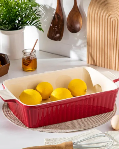 Miniatura 9 de MALACASA Fuente para hornear de 4.4 QT (cuartos de galón), fuente grande de 9x13 para cazuela para horno, molde de cerámica para hornear, molde Rojo