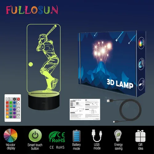 Miniatura 8 de FULLOSUN Luz nocturna 3D de béisbol, regalos deportivos, lámpara de noche para Navidad, vacaciones, cumpleaños, regalos de padres para fanáticos