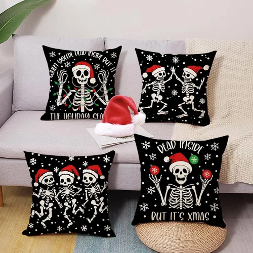 Miniatura 2 de Juego de 4 fundas de almohada decorativas de esqueleto gótico de Navidad de 18 x 18 pulgadas, diseño de calavera de Navidad, decoración del hogar al