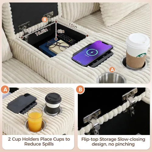 Miniatura 6 de MAKIAAP Sofá modular de pana de 83 pulgadas con altavoces, cómodo sofá biplaza de asiento profundo con otomana móvil, consola, cargador USB, Beige