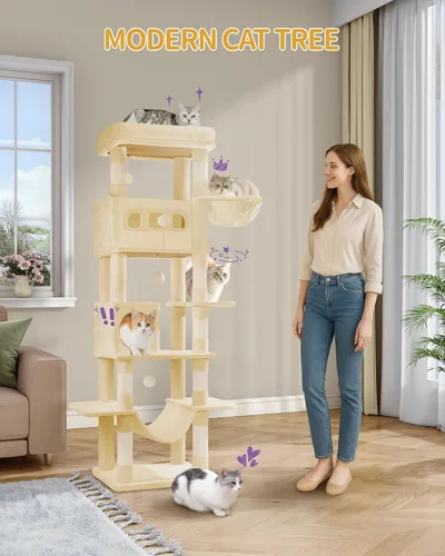 Miniatura 3 de Hzuaneri Árbol para gatos de interior, torre grande de 69.9 pulgadas para gatos, casa de varios niveles con condominio, 8 postes rascadores, hamaca