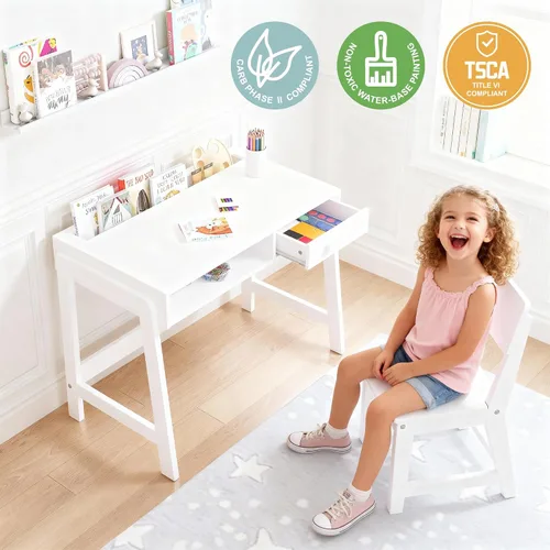 Miniatura 3 de UTEX Juego de escritorio y silla para niños, escritorio de estudio para niños con cubos de almacenamiento, mesa de estudio para niños de madera