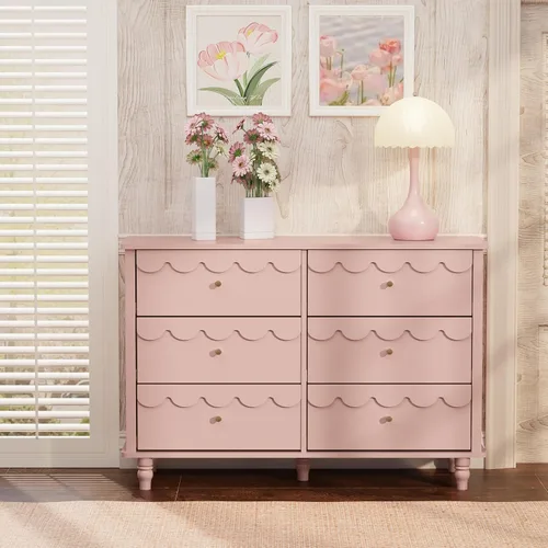 Miniatura 6 de Anbuy Cofres de guardería festoneados rosados y cómoda para dormitorio de niños, cómoda de madera con 6 cajones, cómodas y cómodas con asas de metal