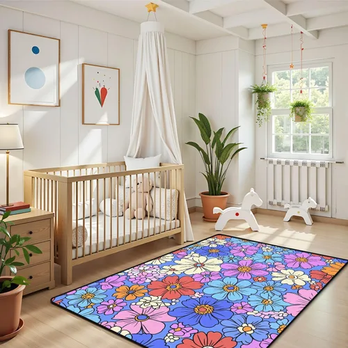 Miniatura 6 de Alfombra colorida estilo retro de los años 60 y 70 dibujada a mano, floral, lila, púrpura, flores, alfombra de juego para exteriores, alfombra