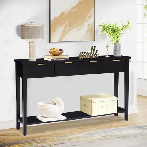 Miniatura 3 de Mesa consola con cajón, mesa de entrada larga estrecha con estante inferior para pasillo, entrada y sala de estar, color negro