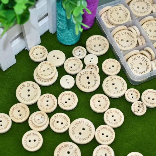 Miniatura 4 de 150 botones de costura para manualidades, 2 agujeros, hechos a mano con amor, botones redondos de madera para álbumes de recortes y costura