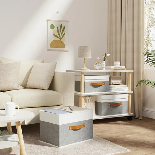 Miniatura 7 de OUTBROS Caja de almacenamiento plegable grande con tapa, organizador de armario de tela de lino, contenedores para toallas, ropa, 15 x 9.8 x 9.8