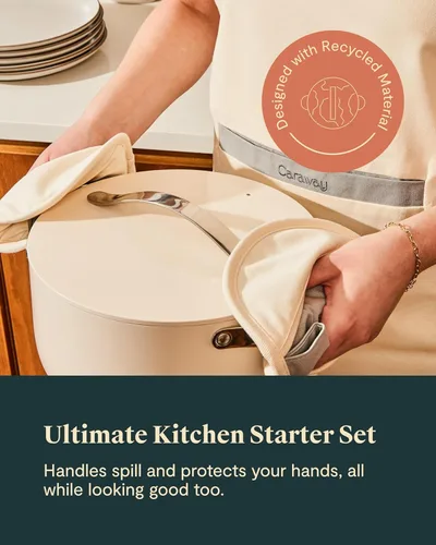 Miniatura 5 de Caraway Juego de lino – Delantal, soportes para ollas, guantes de horno y paños de cocina – 100% algodón orgánico – Duradero, lavable a máquina Azul