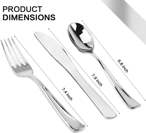 Miniatura 3 de M MCIRCO Juego de vajilla de 350 piezas, 100 platos de plástico con borde plateado, 50 tazas, 50 servilletas preenrolladas con cubiertos