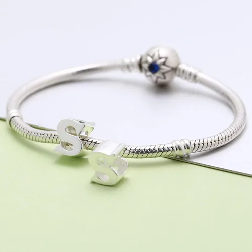 Miniatura 4 de Abalorio de plata de ley 925 con letra inicial de la A a la Z, se adapta a pulseras Pandora, collar, Plata esterlina