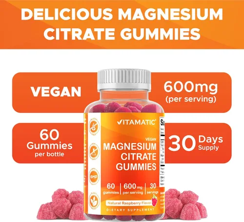 Miniatura 5 de Vitamatic Gomitas de magnesio 600 mg por porción – 60 gomitas veganas – Soporte para relajación, músculos, huesos y energía – Paquete de 3