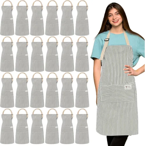 Miniatura 9 de Janmercy 24 delantales para mujeres y hombres con 2 bolsillos, delantal de cocina de lino, delantal ajustable para chef, delantales a granel unisex