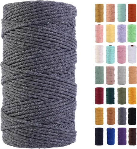 Cuerda de macramé gris, 3 mm x 109 yardas, cuerda de algodón colorida, cuerda de algodón suave para manualidades, cuerda doble para colgar en la