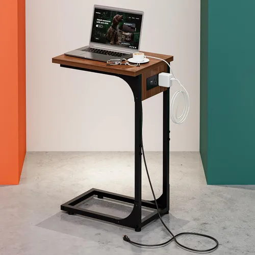 Miniatura 17 de Mesa auxiliar en forma de C para sofá, soporte de café pequeño, bandeja de sofá con marco de metal, parte superior de madera impermeable resistente
