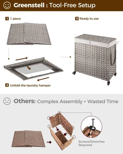 Miniatura 7 de GREENSTELL Cesta para ropa sucia con ruedas y tapa, 130 L, cesta grande de 3 secciones con 2 tipos de bolsas de forro extraíbles, 5 bolsas de malla
