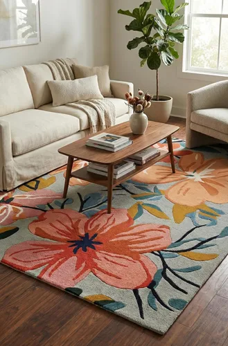 Miniatura 2 de Restoration and Renovation Alfombra de lana floral copetuda a mano Diseño moderno de flores coloridas, alfombra gruesa y suave para sala de estar