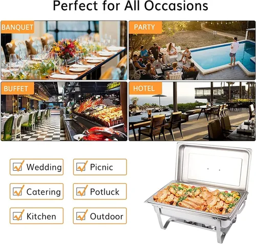 Miniatura 5 de Juego de 4 platos para bufé de roce de plato: calentador de alimentos de acero inoxidable de 9 cuartos de galón - Servidores de buffet de 9 cuartos