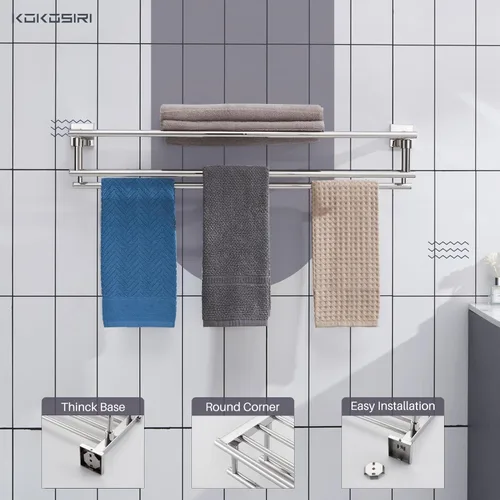 Miniatura 7 de KOKOSIRI Estante para Toallas de Baño, Porta Toallas de 32 Pulgadas con Barras de Toallas Dobles Montado en Pared, Acero Inoxidable Pulido Cromado