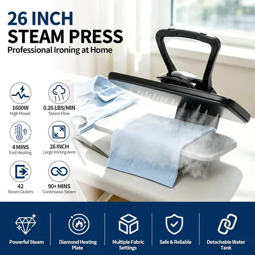 Miniatura 2 de Prensa de vapor de planchado de 26 pulgadas para ropa, prensa de vapor digital con múltiples ajustes de tela, máquina de prensa de hierro Negro