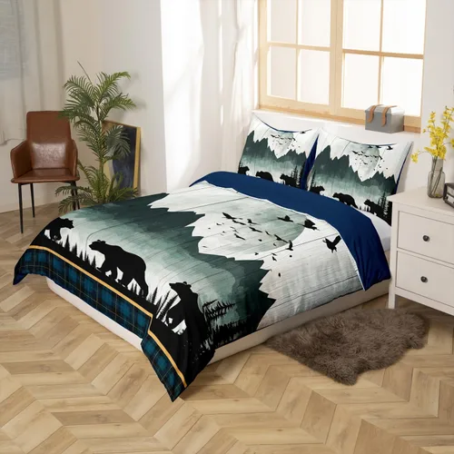 Miniatura 2 de Juego de ropa de cama de oso rústico tamaño individual para mujeres adultas, funda de edredón con estampado de oso salvaje y animales salvajes