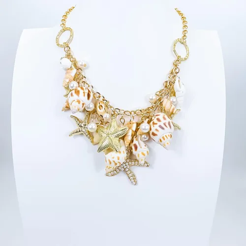 Miniatura 6 de Halawly Gargantilla de concha de cola de sirena, collar de moda con diseño de concha de mar y estrella de mar de perlas de imitación, collar grueso