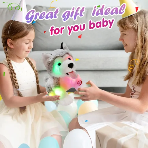 Miniatura 4 de Perro husky de peluche con luces LED suave y brillante, juguete de cachorro con luces nocturnas mágicas para el día de los niños, cumpleaños