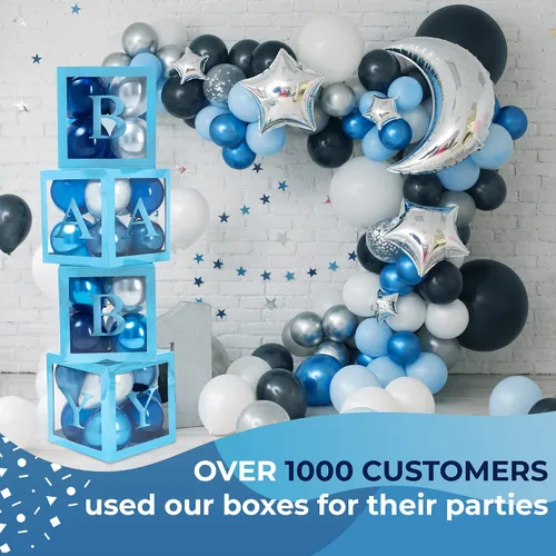 Miniatura 2 de Cajas de baby shower con letras - Cajas azules metálicas con globos metálicos azules y plateados - Juego de 44 piezas para revelación de género