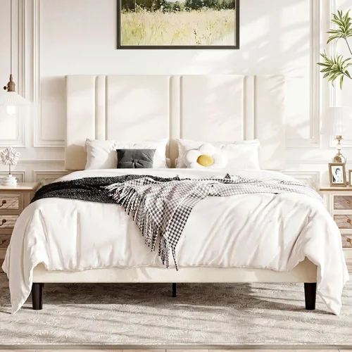 Miniatura 19 de Allewie Marco de cama de plataforma de tamaño matrimonial con cabecera ajustable, tapizado de terciopelo de felpa, canal vertical acolchonado, Negro