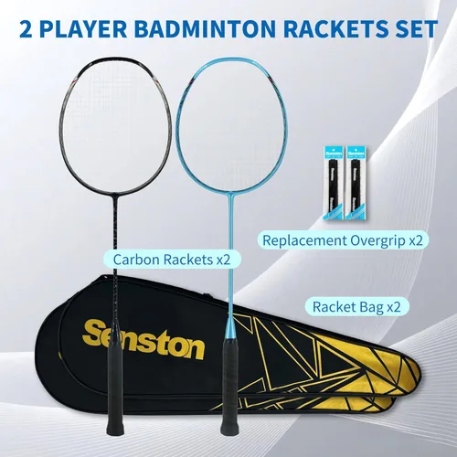Miniatura 2 de Senston Raqueta de bádminton ligera profesional de fibra de carbono 5U raquetas de bádminton con agarre Negro+Azul