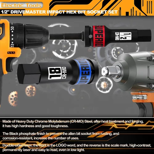Miniatura 6 de 1/2" Drive Master Juego de llaves de impacto XZN, 10 piezas: M5 - M18, acero Cr-Mo, caja de almacenamiento resistente