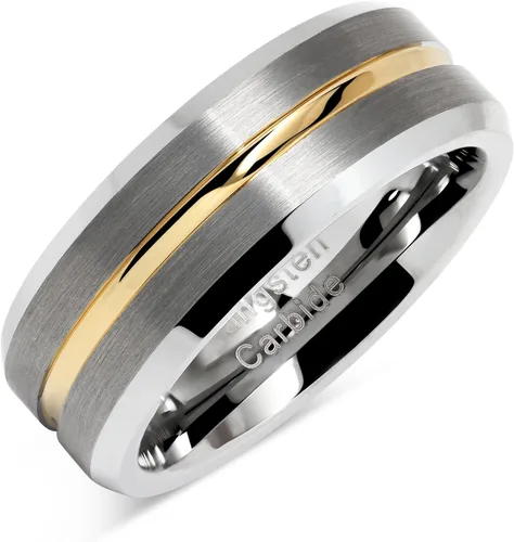 100S Jewelry Anillos de boda de tungsteno para hombres, de dos tonos plateados, con acabado mate ranurado dorado, talla 6 a 16
