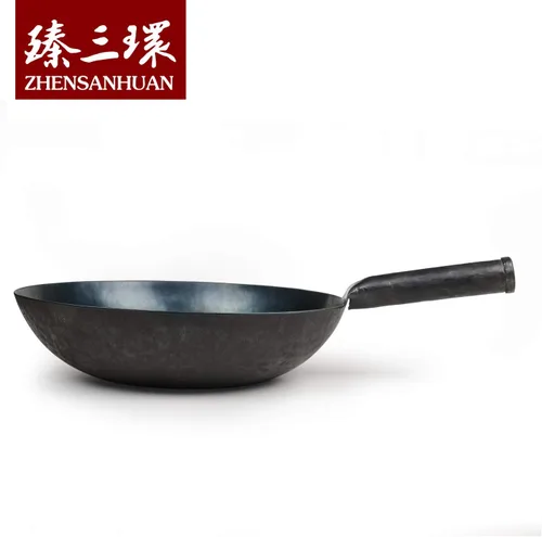 Miniatura 2 de ZhenSanHuan Wok de Hierro Martillado a Mano con Fondo Plano Apto para Inducción (32CM, Mango de Hierro)