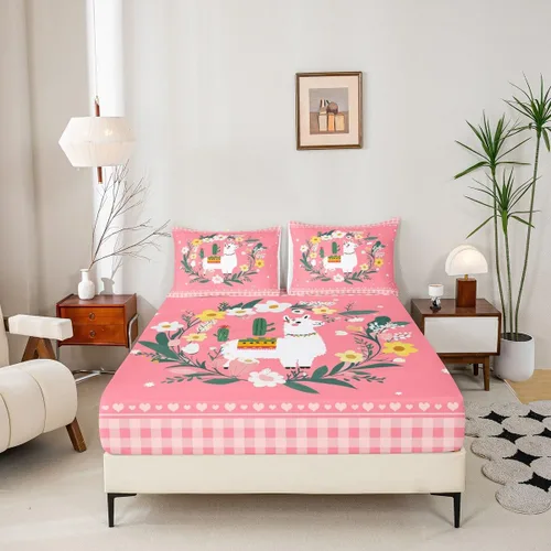 Miniatura 5 de Erosebridal Lindo juego de sábanas de llama para niños y niñas, juego de sábanas de animales de cactus verde, juego de sábanas de búfalo rosa
