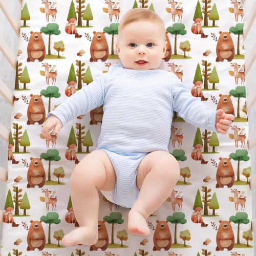 Miniatura 2 de 4 paquete de sábanas ajustadas para cuna con animales del bosque de madera en tonos neutros, unisex, para bebés niños o niñas, en negro y blanco