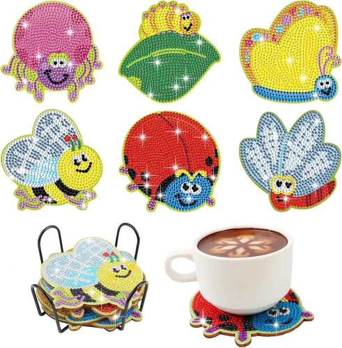 Miniatura 16 de Kit de 8 posavasos de pintura de diamante con soporte, posavasos de gnomo 5D de diamante, manualidades de arte de diamante, posavasos de diamante 8