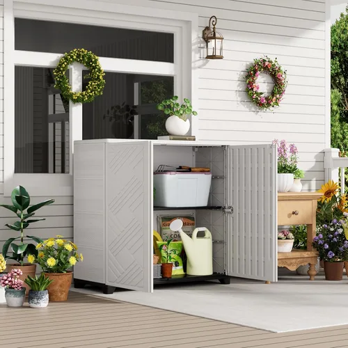 Miniatura 5 de HOMSPARK Armario de almacenamiento para interiores y exteriores con puertas y 1 estante, caja de almacenamiento de plástico HDPE de 34 x 15 x 34