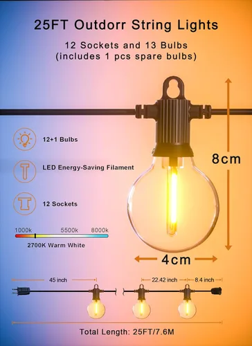 Miniatura 5 de Zuske – Cadena de luces para exteriores, de 25 pies con 13 bombillas G40 irrompibles (1 de repuesto), luces LED colgantes impermeables, regulables