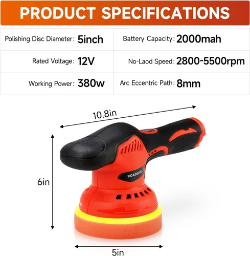 Miniatura 5 de Pulidor de búfer inalámbrico para automóvil con 2 baterías de 2.0 Ah, (5 pulgadas/6 pulgadas), kit de pulidor de búfer portátil de 8 velocidades