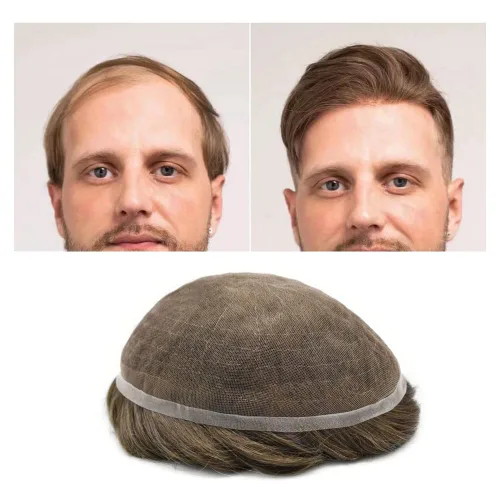 Miniatura 23 de Extensiones de cabello suizo completo para hombre, sistema de reemplazo de cabello humano europeo para hombres